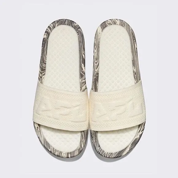 APL Women's Big Logo TechLoom Slide Sandals, Vegan, Silver Marble, Size 7 NWT