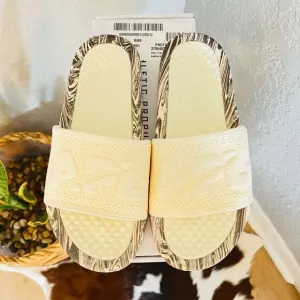 APL Women's Big Logo TechLoom Slide Sandals, Vegan, Silver Marble, Size 7 NWT