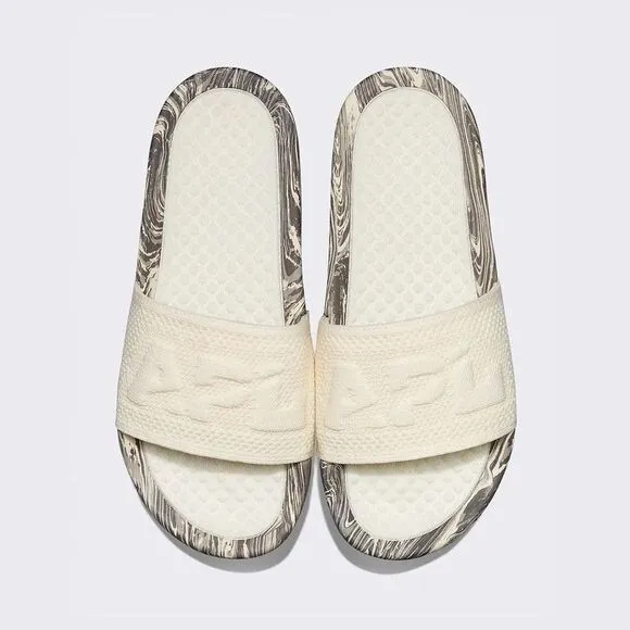 APL Women's Big Logo TechLoom Slide Sandals, Vegan, Silver Marble, Size 7 NWT