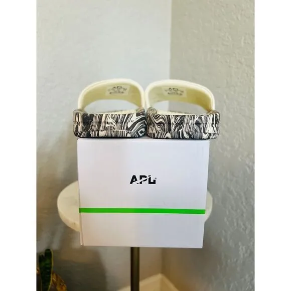 APL Women's Big Logo TechLoom Slide Sandals, Vegan, Silver Marble, Size 7 NWT