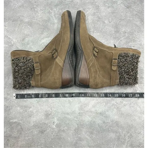 Aquatalia Brown Suede Leather Wedge Bootie Boots Size 11 Shearling Zipper Buckle