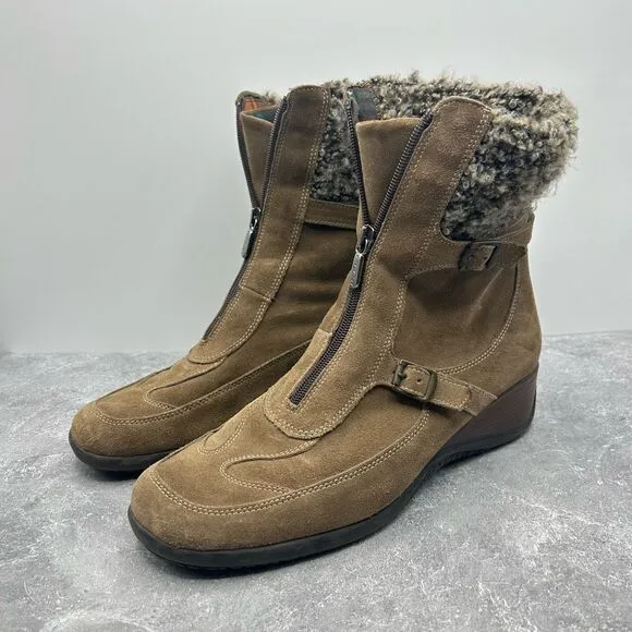 Aquatalia Brown Suede Leather Wedge Bootie Boots Size 11 Shearling Zipper Buckle