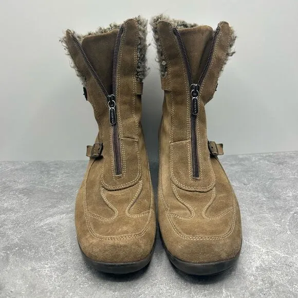 Aquatalia Brown Suede Leather Wedge Bootie Boots Size 11 Shearling Zipper Buckle