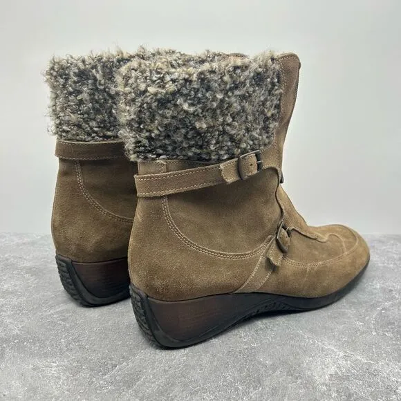 Aquatalia Brown Suede Leather Wedge Bootie Boots Size 11 Shearling Zipper Buckle