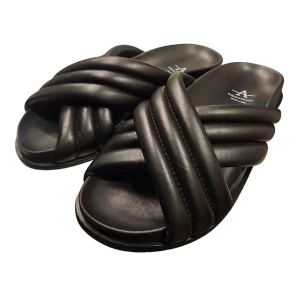 AQUATALIA | 'Ivie' Black Leather Puffer Slide Sandals in Size US 6.5