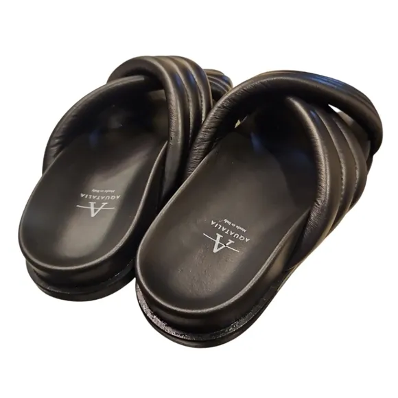 AQUATALIA | 'Ivie' Black Leather Puffer Slide Sandals in Size US 6.5