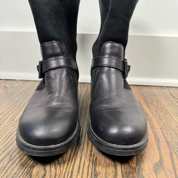 Aquatalia Sandra black leather shearling weatherproof moto boots 9 made in Italy
