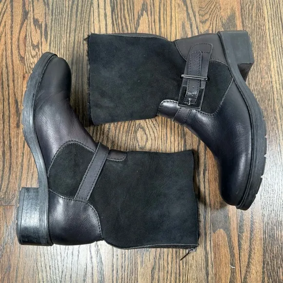 Aquatalia Sandra black leather shearling weatherproof moto boots 9 made in Italy