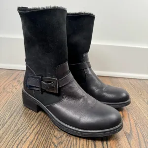 Aquatalia Sandra black leather shearling weatherproof moto boots 9 made in Italy