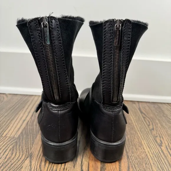 Aquatalia Sandra black leather shearling weatherproof moto boots 9 made in Italy