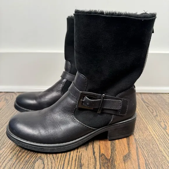 Aquatalia Sandra black leather shearling weatherproof moto boots 9 made in Italy