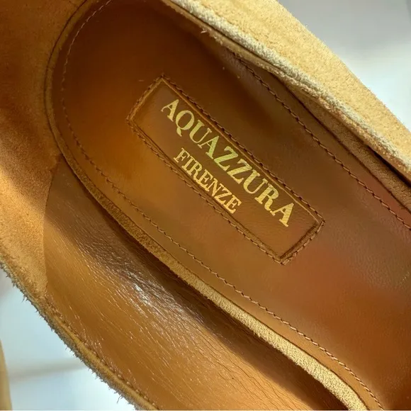 AQUAZZURA TAN CAMEL SUEDE HANGING FRINGE TIE KNOT POINTED TOE HIGH HEEL PUMPS