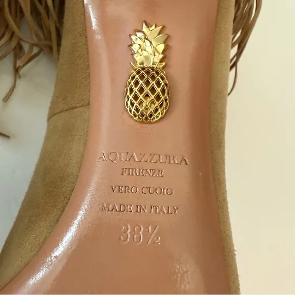AQUAZZURA TAN CAMEL SUEDE HANGING FRINGE TIE KNOT POINTED TOE HIGH HEEL PUMPS