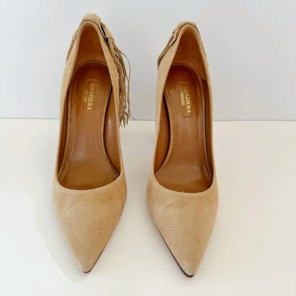 AQUAZZURA TAN CAMEL SUEDE HANGING FRINGE TIE KNOT POINTED TOE HIGH HEEL PUMPS
