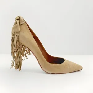 AQUAZZURA TAN CAMEL SUEDE HANGING FRINGE TIE KNOT POINTED TOE HIGH HEEL PUMPS