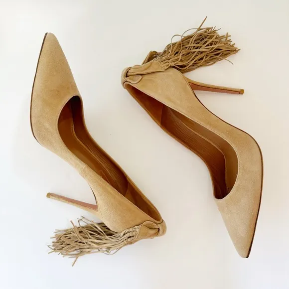 AQUAZZURA TAN CAMEL SUEDE HANGING FRINGE TIE KNOT POINTED TOE HIGH HEEL PUMPS