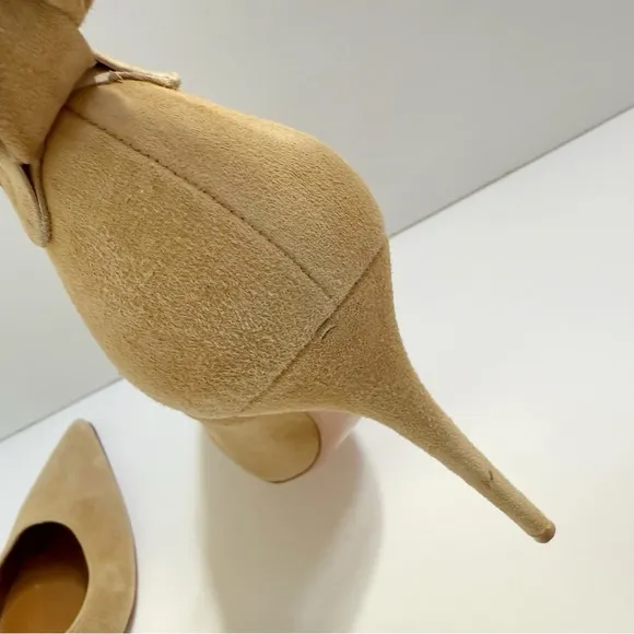 AQUAZZURA TAN CAMEL SUEDE HANGING FRINGE TIE KNOT POINTED TOE HIGH HEEL PUMPS