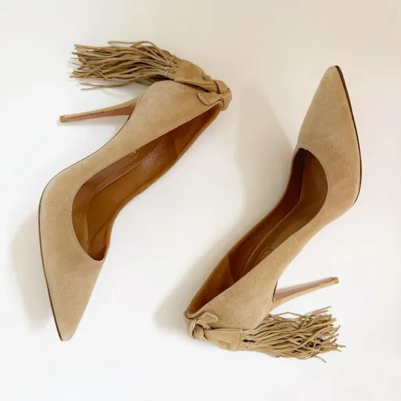 AQUAZZURA TAN CAMEL SUEDE HANGING FRINGE TIE KNOT POINTED TOE HIGH HEEL PUMPS