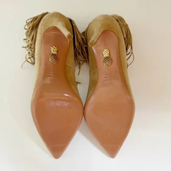 AQUAZZURA TAN CAMEL SUEDE HANGING FRINGE TIE KNOT POINTED TOE HIGH HEEL PUMPS