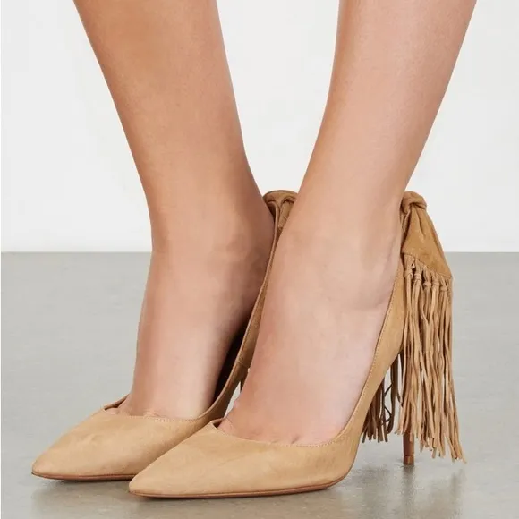 AQUAZZURA TAN CAMEL SUEDE HANGING FRINGE TIE KNOT POINTED TOE HIGH HEEL PUMPS