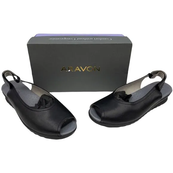 Aravon  Josie Leather Slingback Open Toe Sandal  Matte Black Flats11