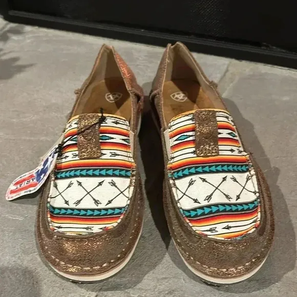 Ariat cruiser Aztec Arrow print rose gold slip on loafers moc toe suede upper