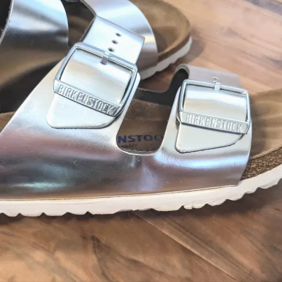 Arizona Metallic Silver Soft Footbed Slide Leather