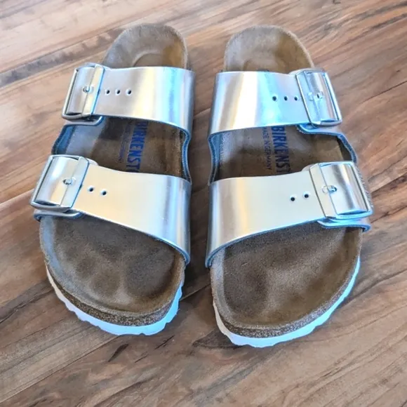 Arizona Metallic Silver Soft Footbed Slide Leather