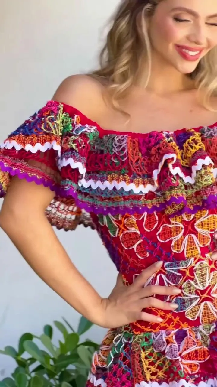 Artistic flair off-the-shoulder dress Colorful Express shipping hand-crocheted