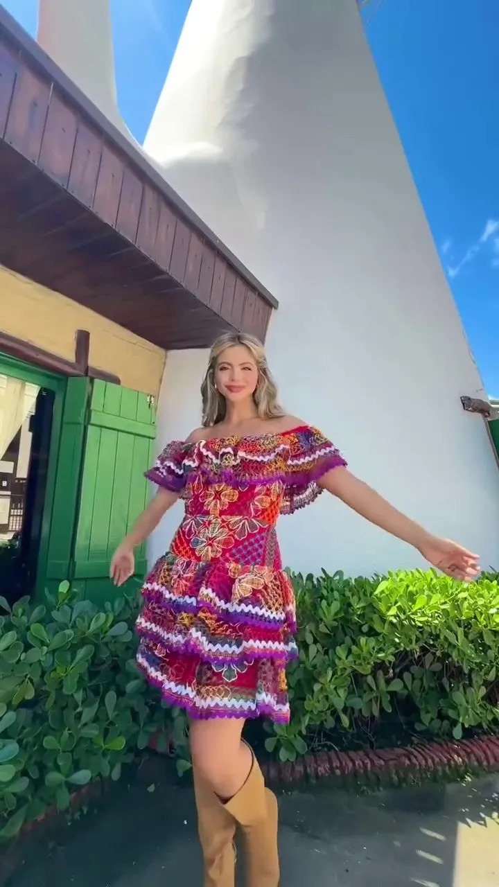 Artistic flair off-the-shoulder dress Colorful Express shipping hand-crocheted