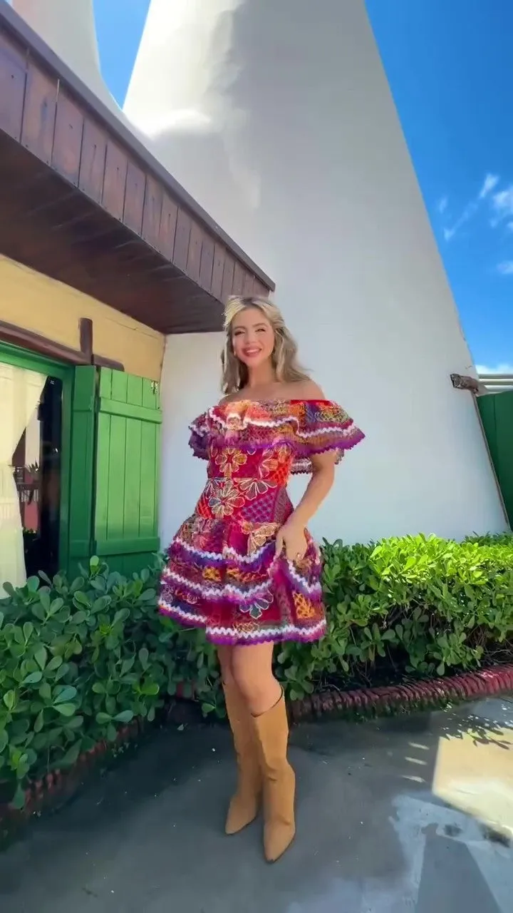 Artistic flair off-the-shoulder dress Colorful Express shipping hand-crocheted