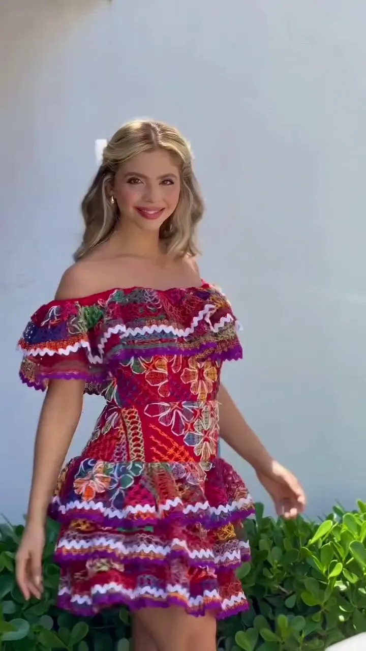 Artistic flair off-the-shoulder dress Colorful Express shipping hand-crocheted
