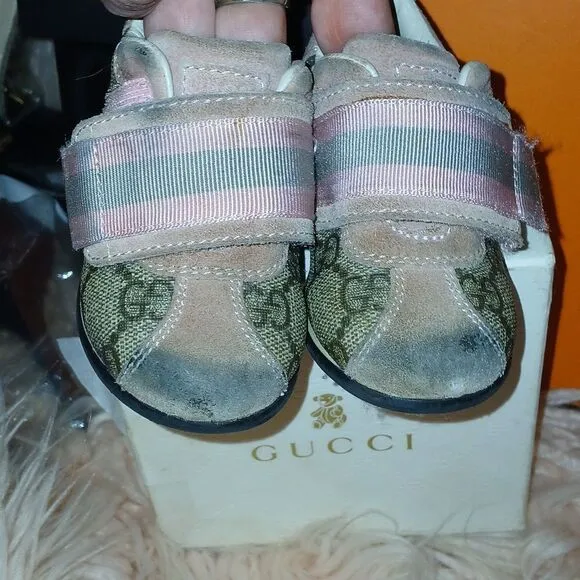 Authentic Gucci Pink and Brown Baby Sneakers with Velcro Closure Euro Size 20