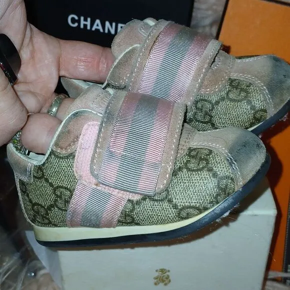 Authentic Gucci Pink and Brown Baby Sneakers with Velcro Closure Euro Size 20