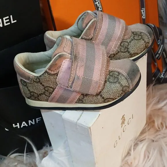Authentic Gucci Pink and Brown Baby Sneakers with Velcro Closure Euro Size 20