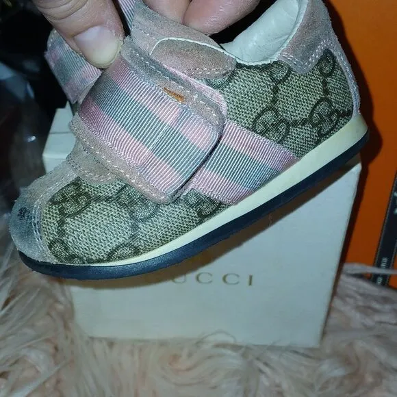 Authentic Gucci Pink and Brown Baby Sneakers with Velcro Closure Euro Size 20