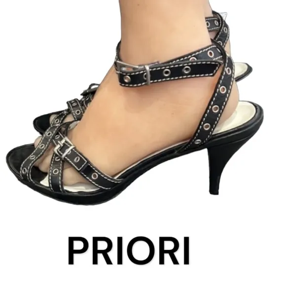 Authentic Priori Italian designer black studded leather heels sandals sz 9