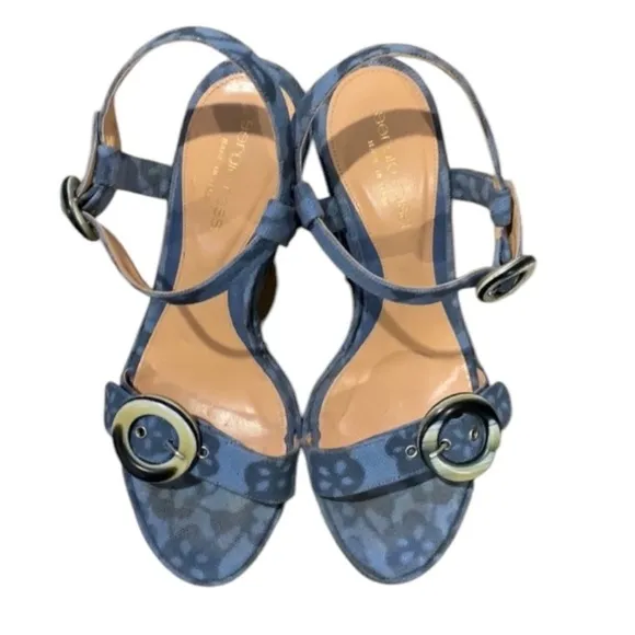 Authentic Sergio Rossi luxury designer denim floral canvas wedges sandals 6.5