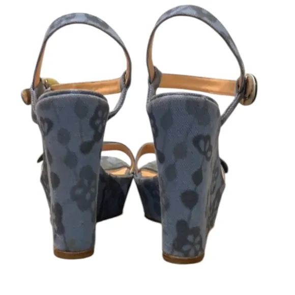 Authentic Sergio Rossi luxury designer denim floral canvas wedges sandals 6.5