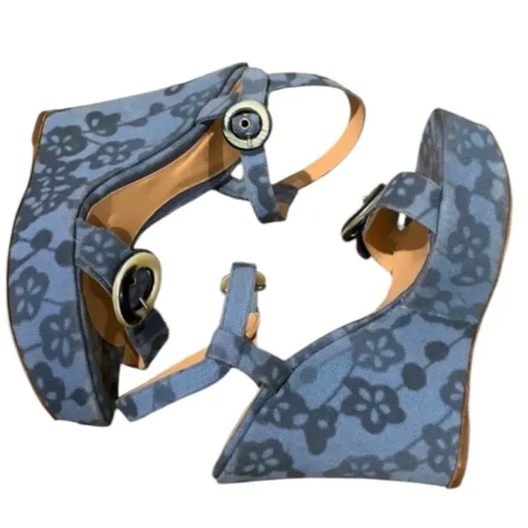 Authentic Sergio Rossi luxury designer denim floral canvas wedges sandals 6.5