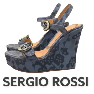 Authentic Sergio Rossi luxury designer denim floral canvas wedges sandals 6.5