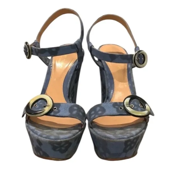 Authentic Sergio Rossi luxury designer denim floral canvas wedges sandals 6.5