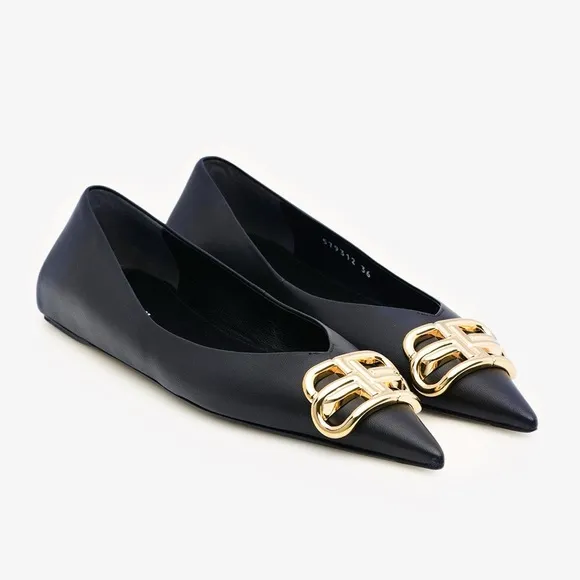 Balenciaga BB Knife Pointed Toe Flats Black Leather Size 36.5 EU / 6.5 US NWOB