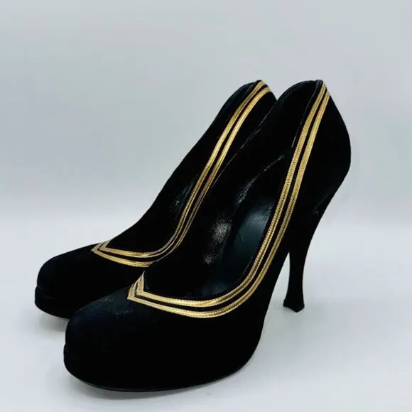 Balenciaga Black Genuine Suede Platform with Bronze Leather Pumps Heels