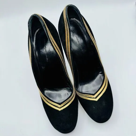 Balenciaga Black Genuine Suede Platform with Bronze Leather Pumps Heels