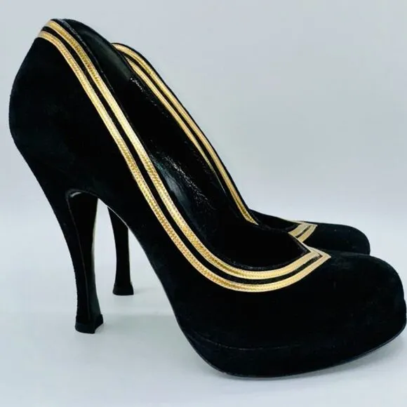 Balenciaga Black Genuine Suede Platform with Bronze Leather Pumps Heels