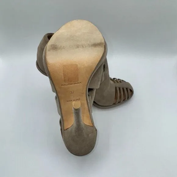 Balenciaga Tan/Taupe Genuine Suede Platform Mules Pumps Heels Size Euro 37