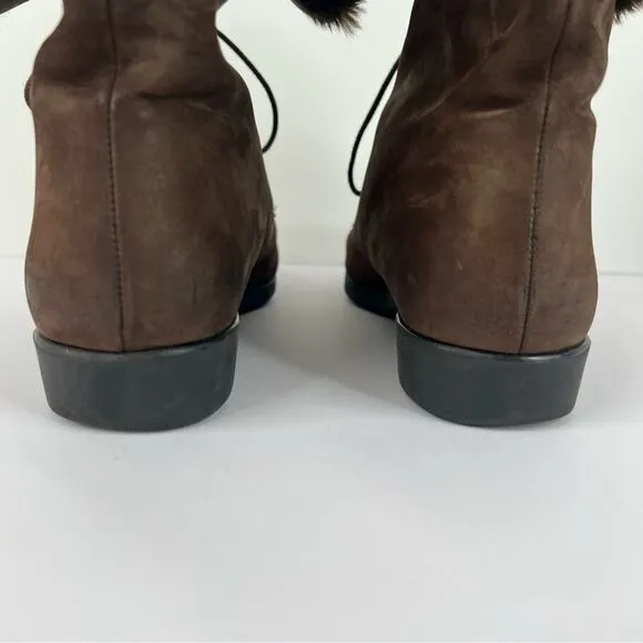 Bally brown suede leather fold over shearling lace up pom ankle boots size 7.5