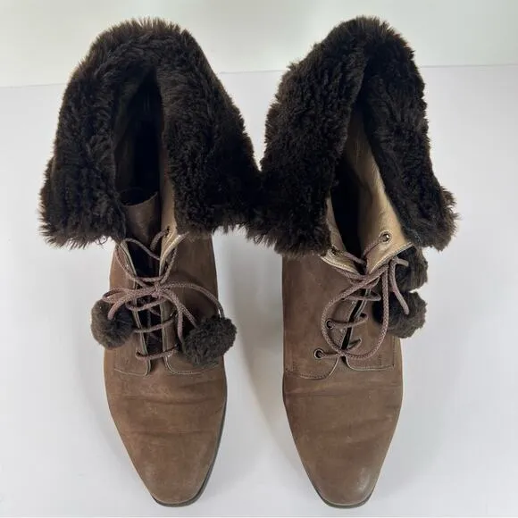 Bally brown suede leather fold over shearling lace up pom ankle boots size 7.5