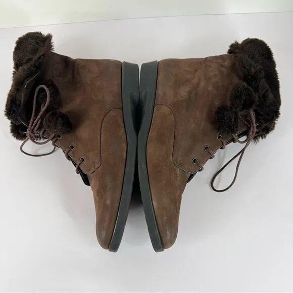 Bally brown suede leather fold over shearling lace up pom ankle boots size 7.5
